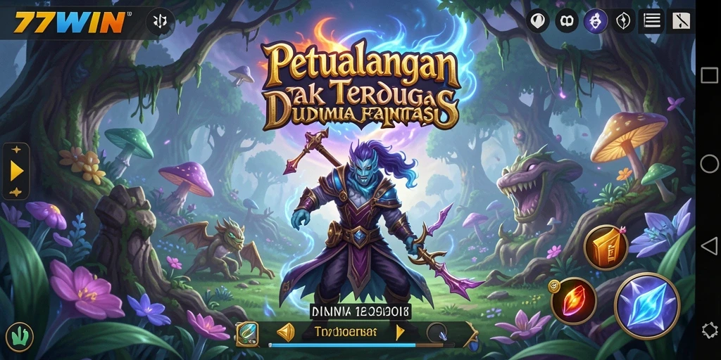 Screenshot gameplay 77WIN yang menunjukkan karakter menjelajahi dunia fantasi.
