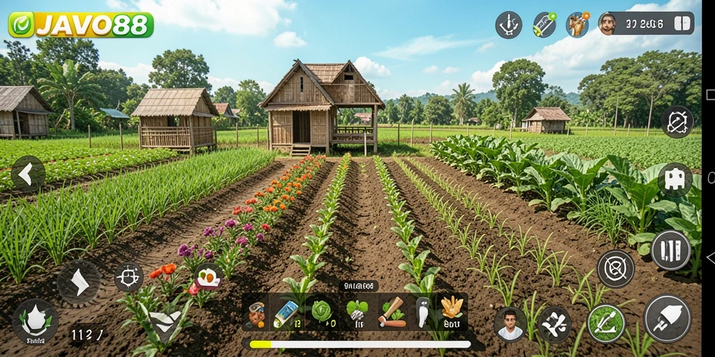 Screenshot gameplay JAVO88 menampilkan ladang yang hijau dan tanaman beragam.