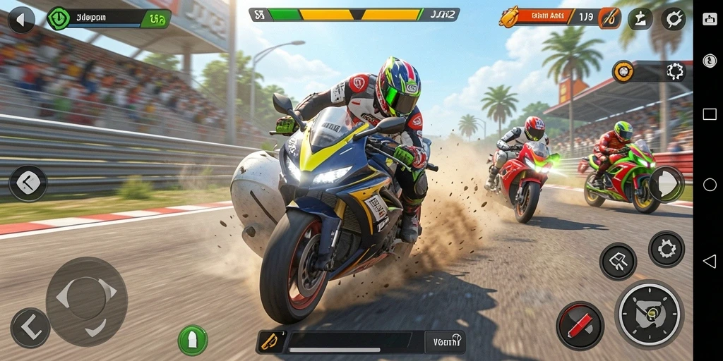 Screenshot gameplay menampilkan balapan motor yang seru dan menegangkan.