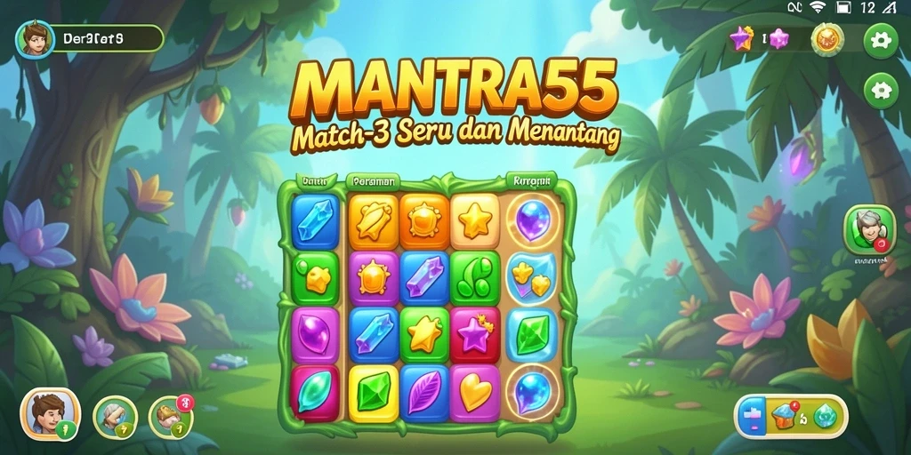 Tangkapan layar gameplay Match-3 dari MANTRA55 yang menampilkan kombinasi warna-warni.