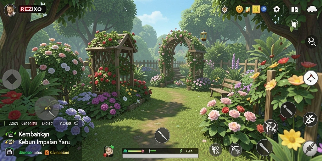 Screenshot gameplay REZIXO menampilkan kebun yang subur dan warna-warni.
